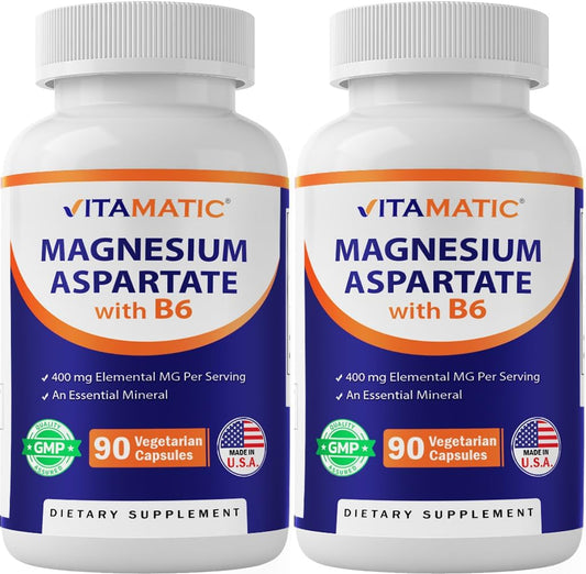Vitamatic Magnesium Aspartate 400mg - 90 Vegetarian Capsules - 2 Pack