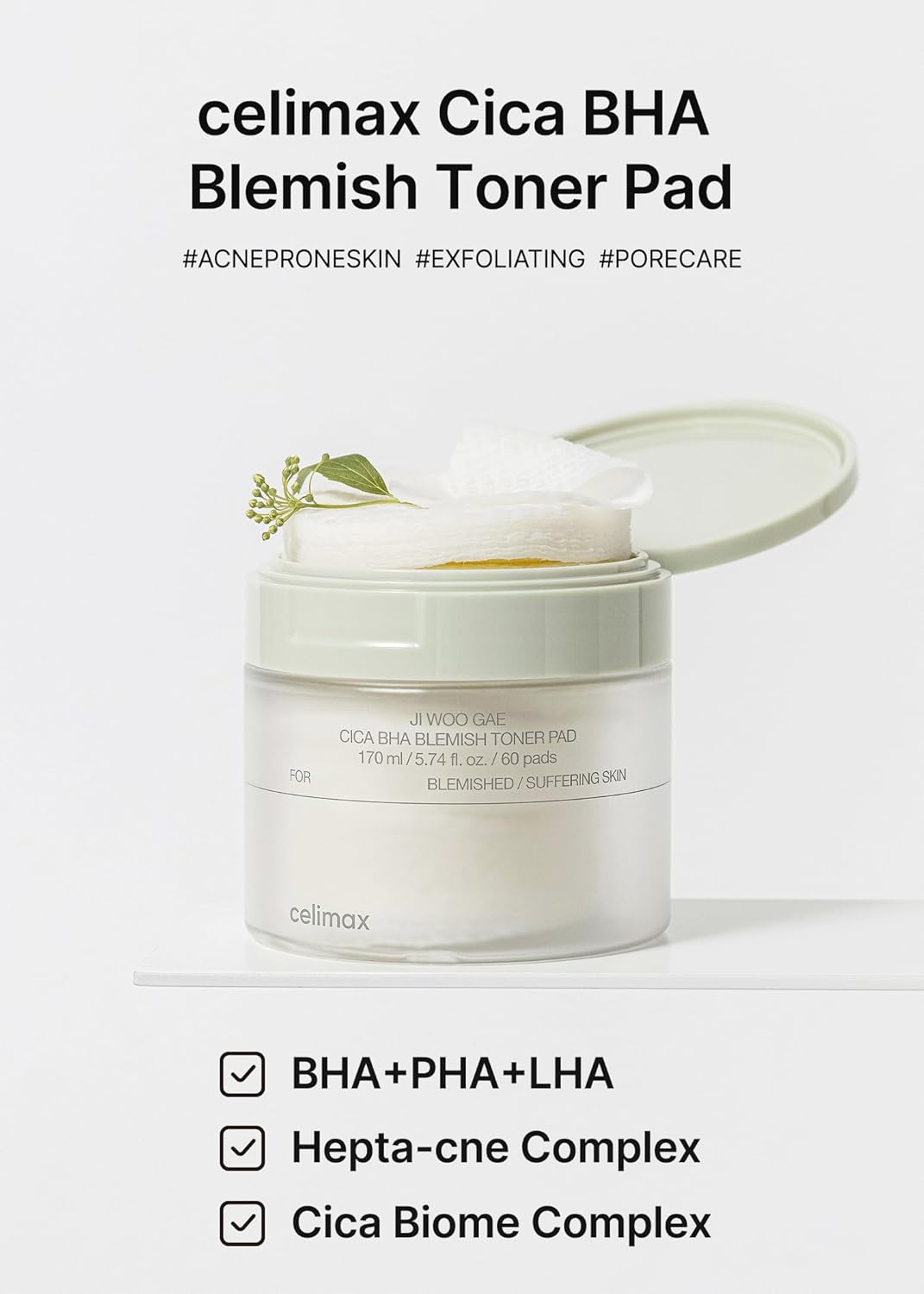 celimax Ji.Woo.Gae CICA BHA Blemish Toner Pad - 60 Pads