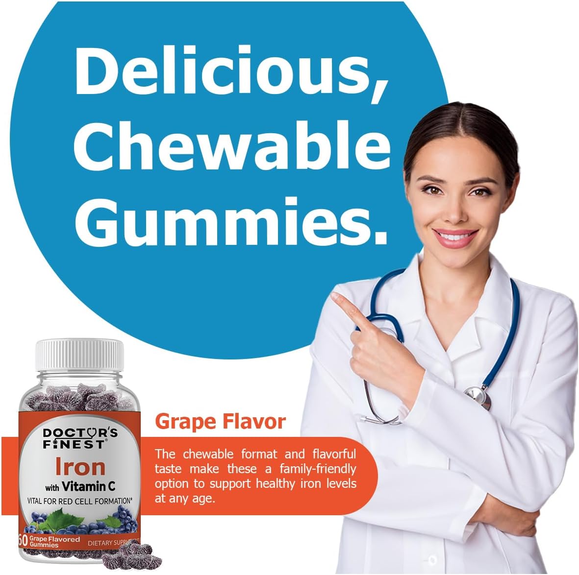 Doctor's Finest Iron with Vitamin C, Grape - 60 Gummies