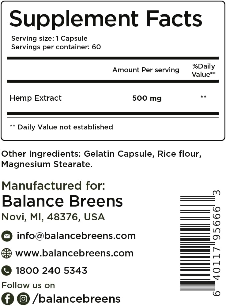 Balance Breens Hemp Extract 120 Capsules