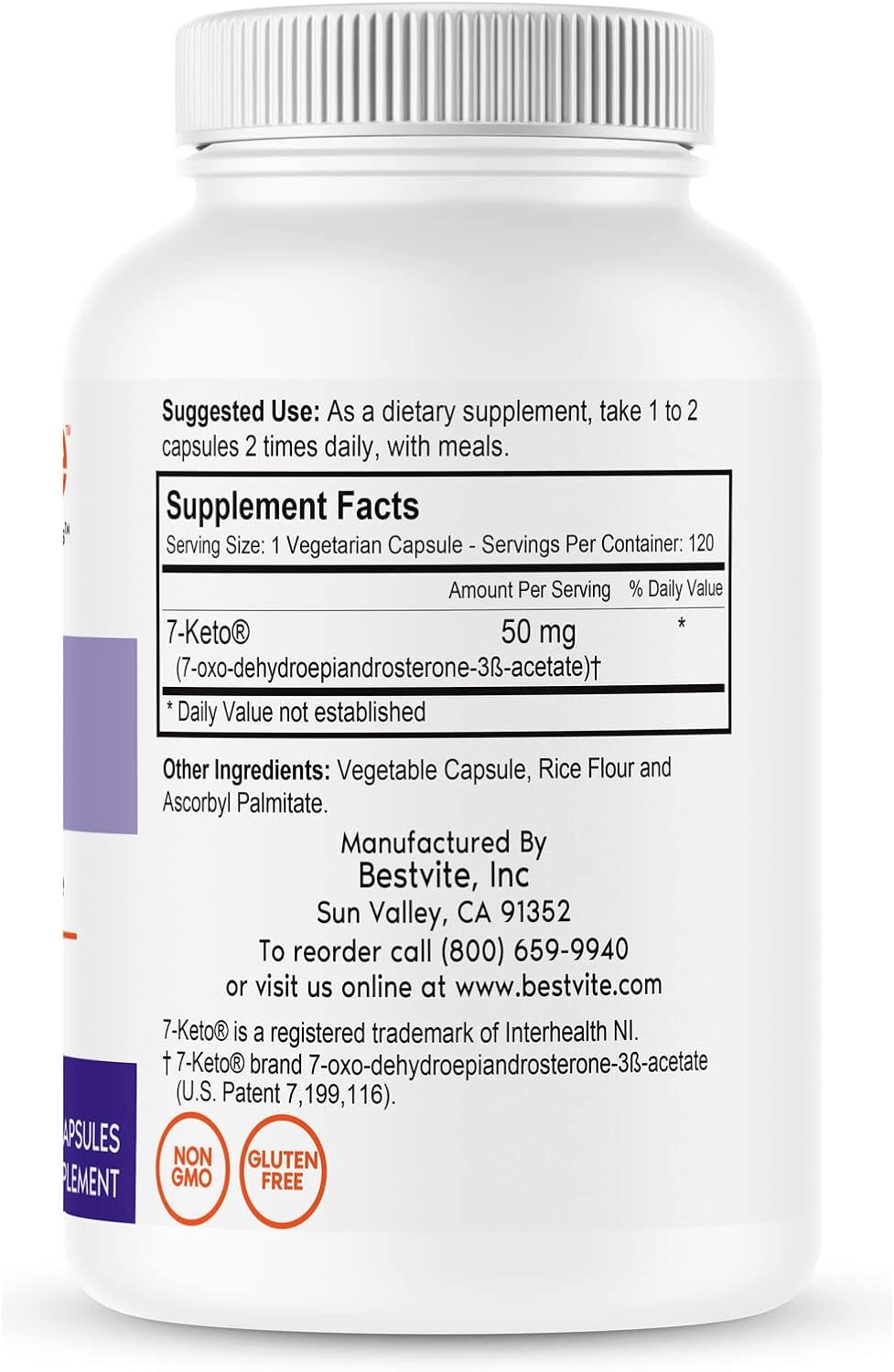BESTVITE 7-Keto 50 mg DHEA (120 Vegetarian Capsules)