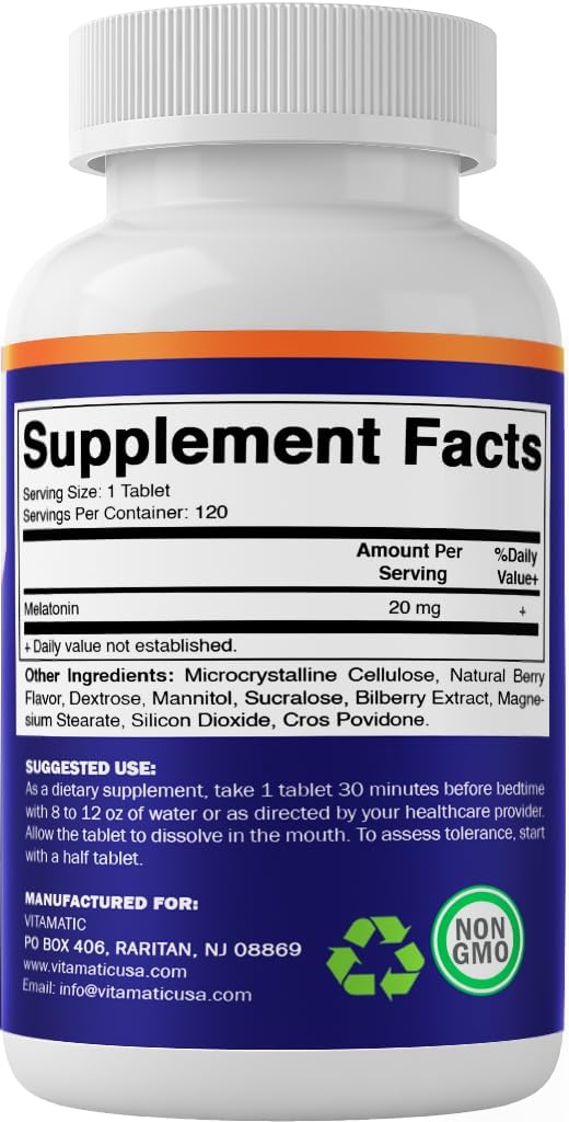 Vitamatic Melatonin 20 mg  -Natural Berry Flavor -  120 Tablets