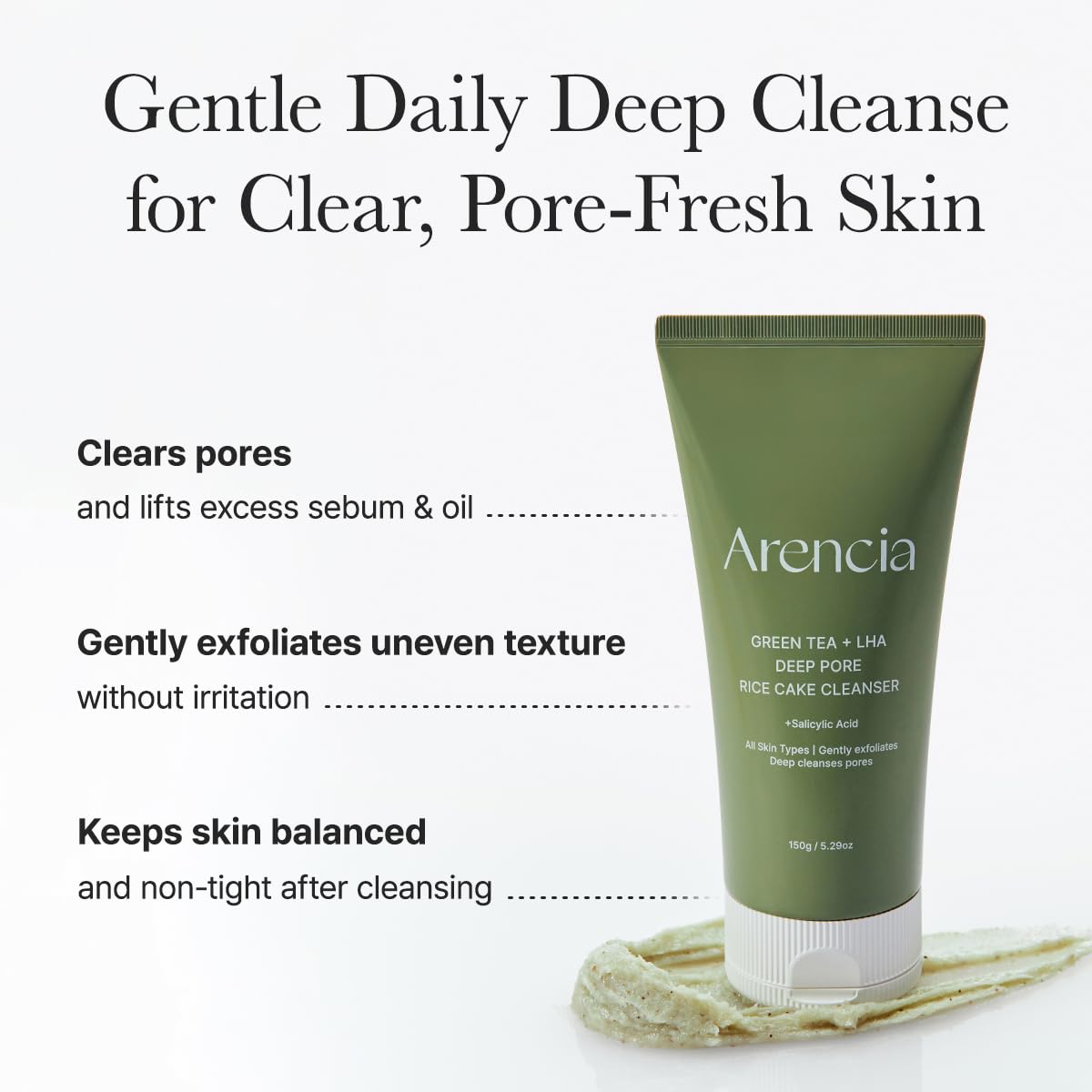 ARENCIA Salicylic Acid, Green Tea + LHA Deep Pore Rice Cake Cleanser – 5.07 fl oz