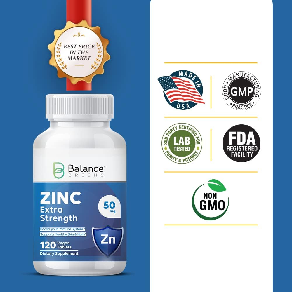 Balance Breens Zinc Extra Strength  120 Vegan Non-GMO Tablets,