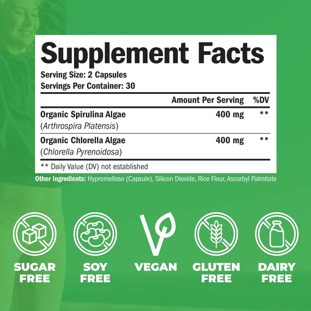 Organic Spirulina and Chlorella  60 Capsules