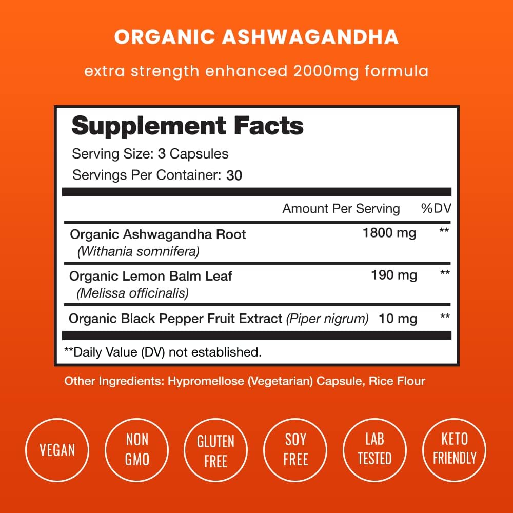 Organic Ashwagandha Capsules | 2000mg Adrenal Fatigue, 90 count