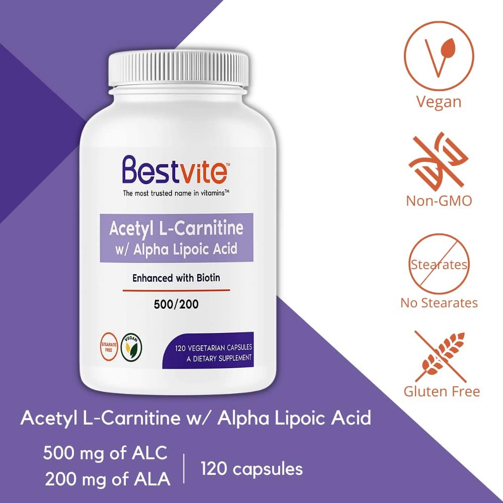 BESTVITE Acetyl L-Carnitine 500mg & Alpha Lipoic Acid 200mg per Capsule with Biotin (120 Vegetarian Capsules)