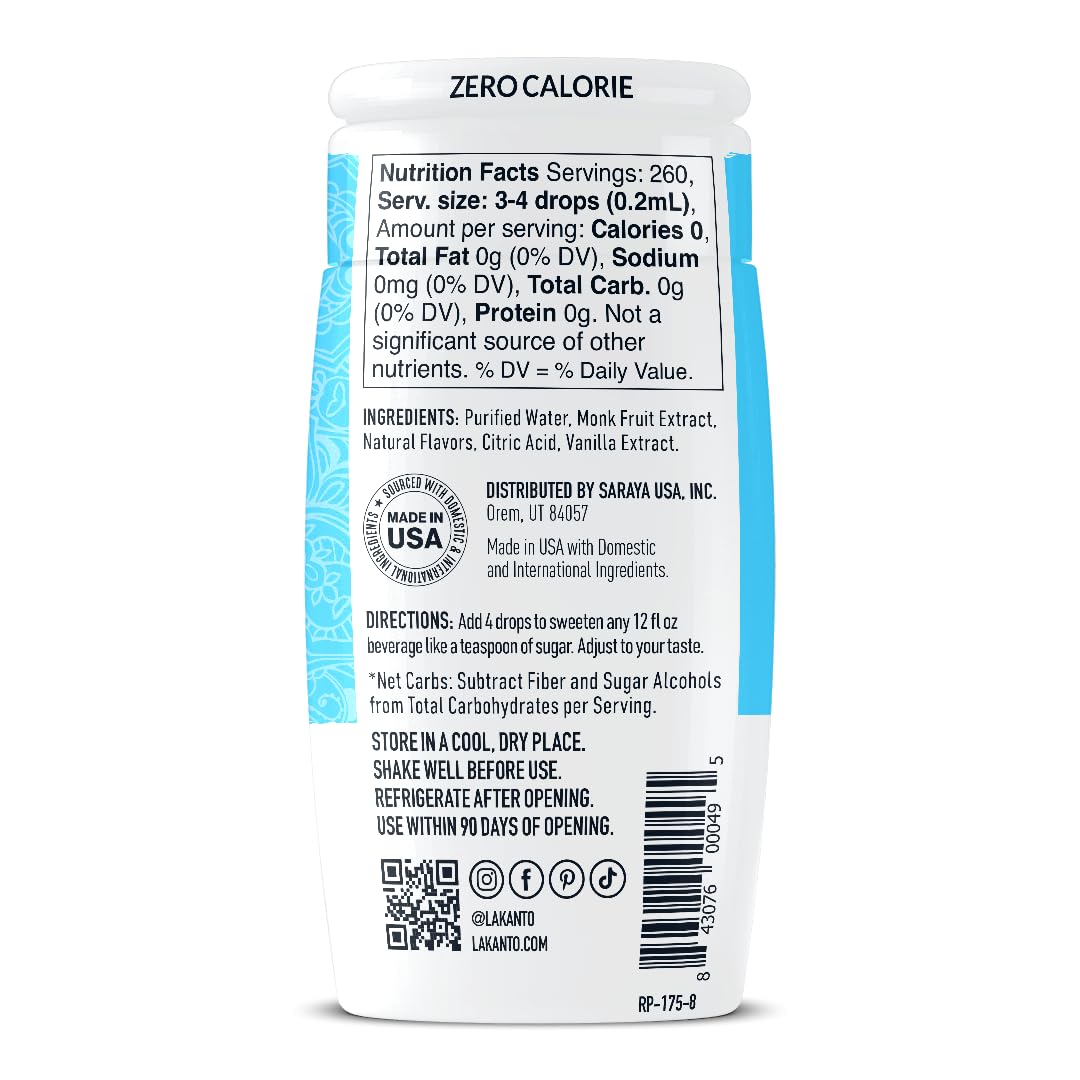 Lakanto Monk Fruit Extract Drops Liquid Sweetener -  Vanilla 1.76 Fl Oz (Pack of 6)