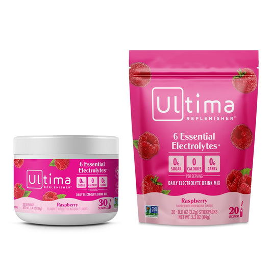 Ultima Replenisher Electrolyte Powder Drink Mix Bundle – Sugar Free – Rasberry  30 Serving Canister and 20 Stickpacks