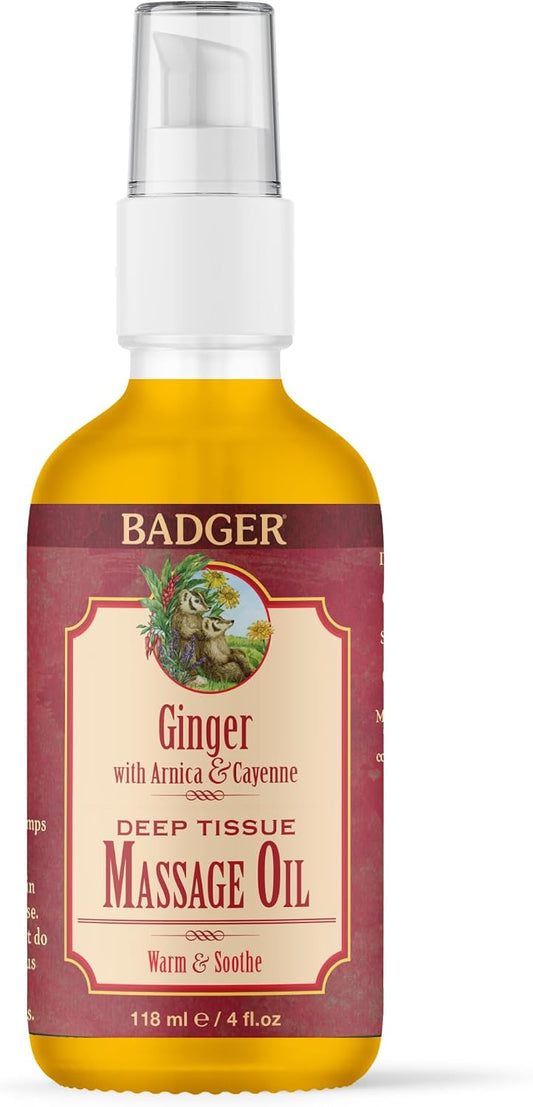 Badger Ginger Massage Oil - 4 fl oz Glass Bottle