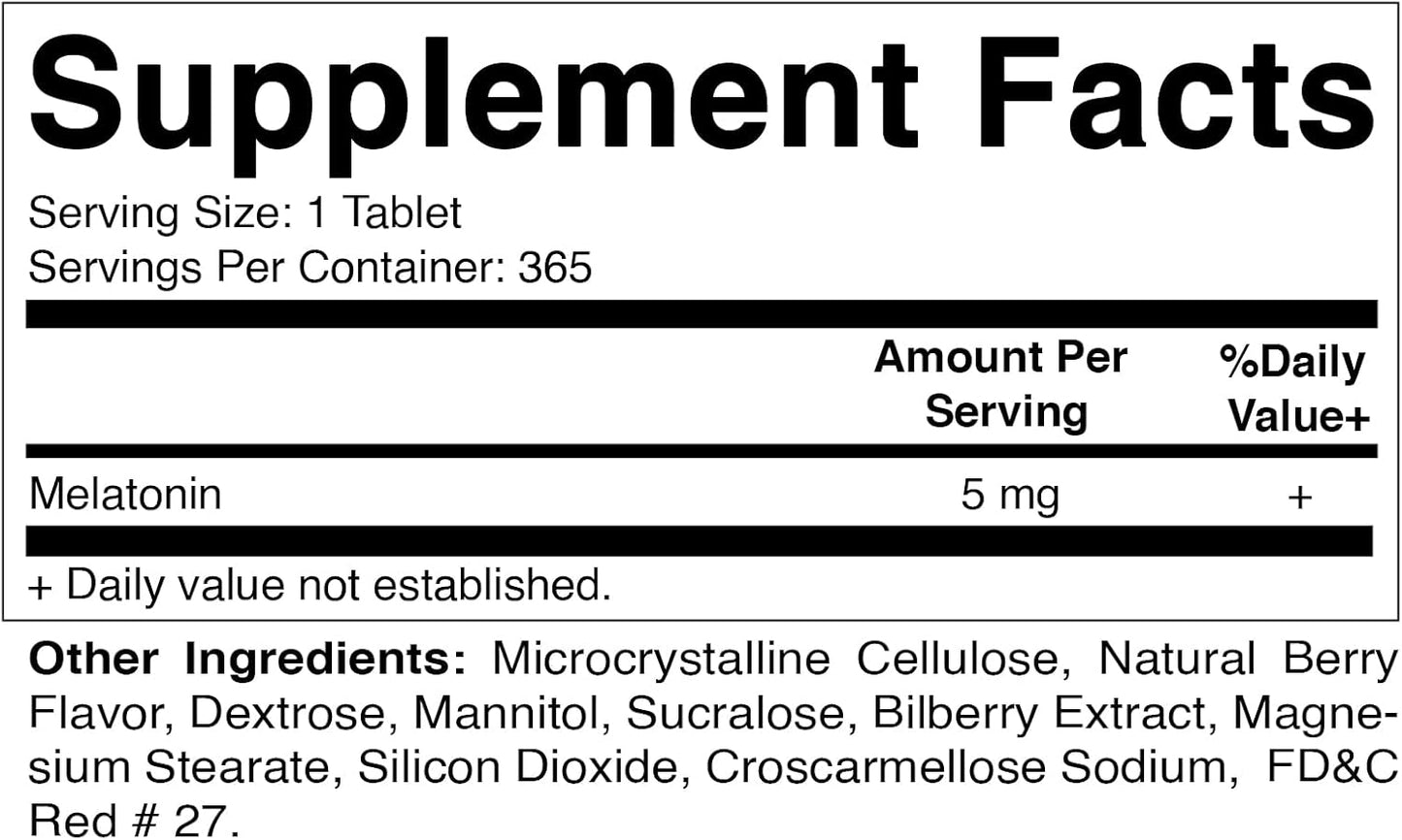Vitamatic Melatonin 5 mg Tablets -Natural Berry Flavor - 365 Tablets