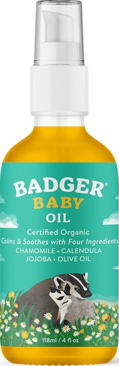 Badger Baby Oil, 100% Organic -  4 fl oz Glass Bottle