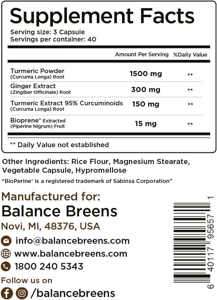 Turmeric Curcumin Ginger  120 Vegan Capsules