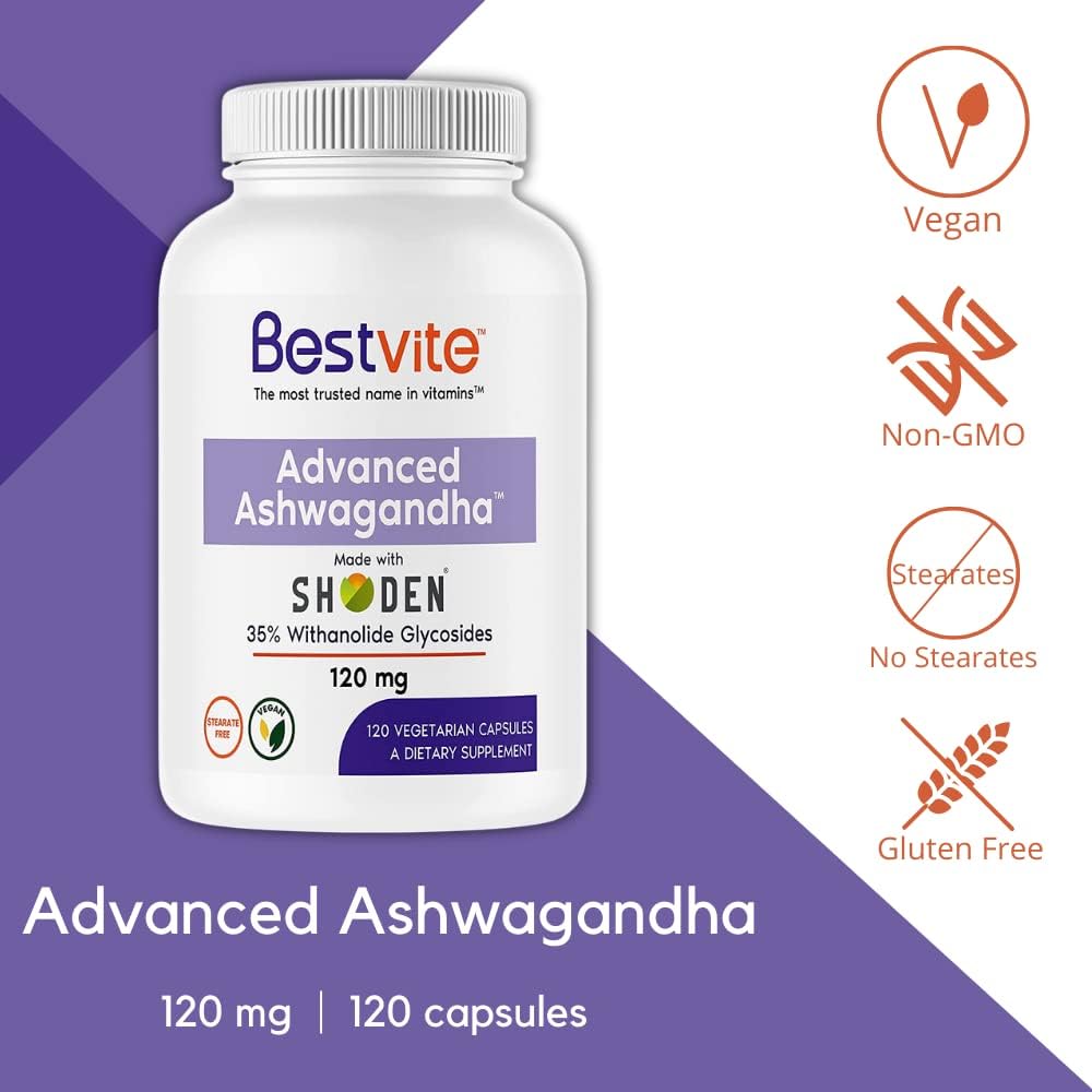 BESTVITE Advanced Ashwagandha 120mg w/Shoden (120 Vegetarian Capsules)