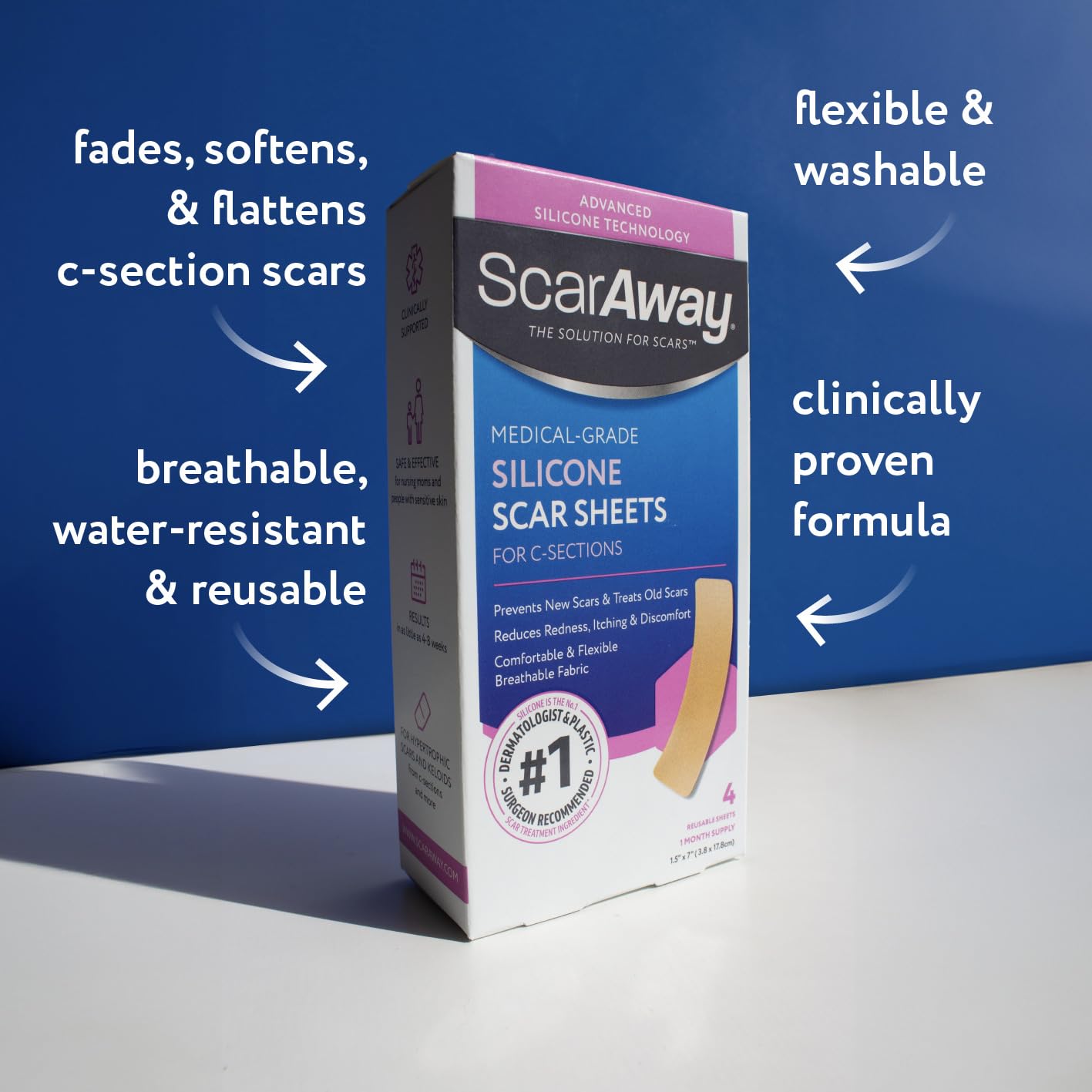 ScarAway Advanced Silicone Scar Sheets for C-Section  (1.5” x 7”) -  4 Sheets