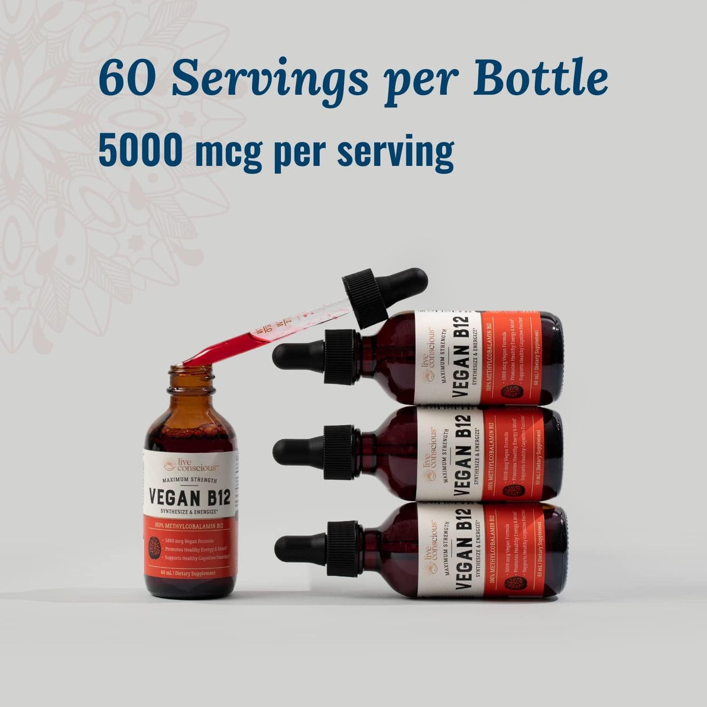 Vegan Vitamin B12 Sublingual Liquid Drops by Live Conscious - 60 ml