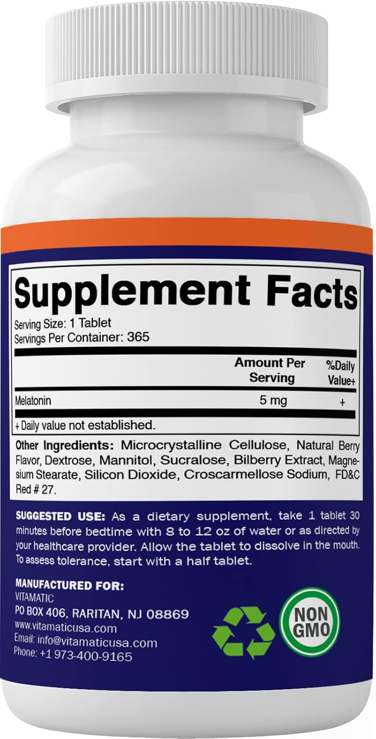 Vitamatic Melatonin 5 mg Tablets -Natural Berry Flavor - 365 Tablets