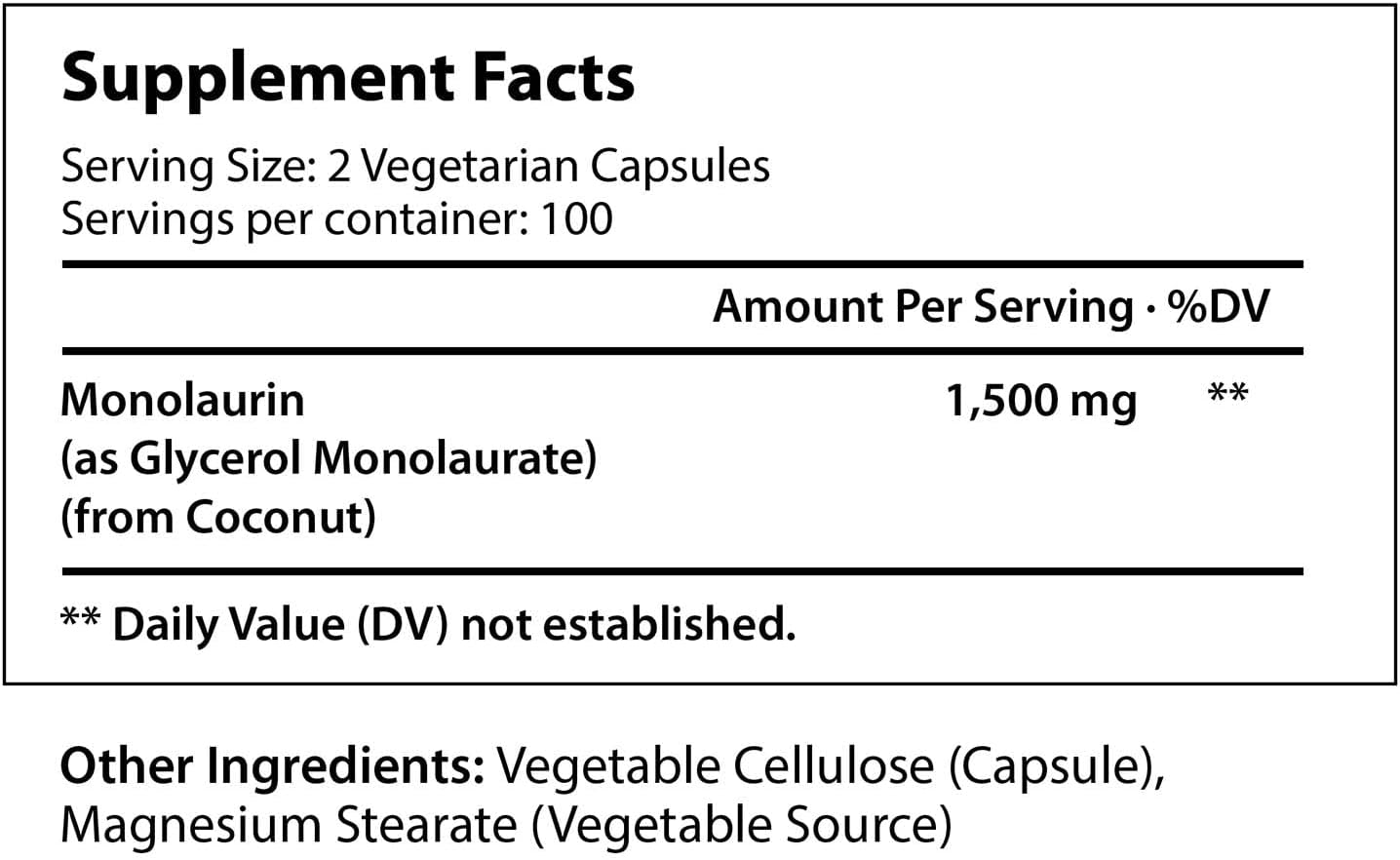Monolaurin Supplement  200 Vegetarian Capsules