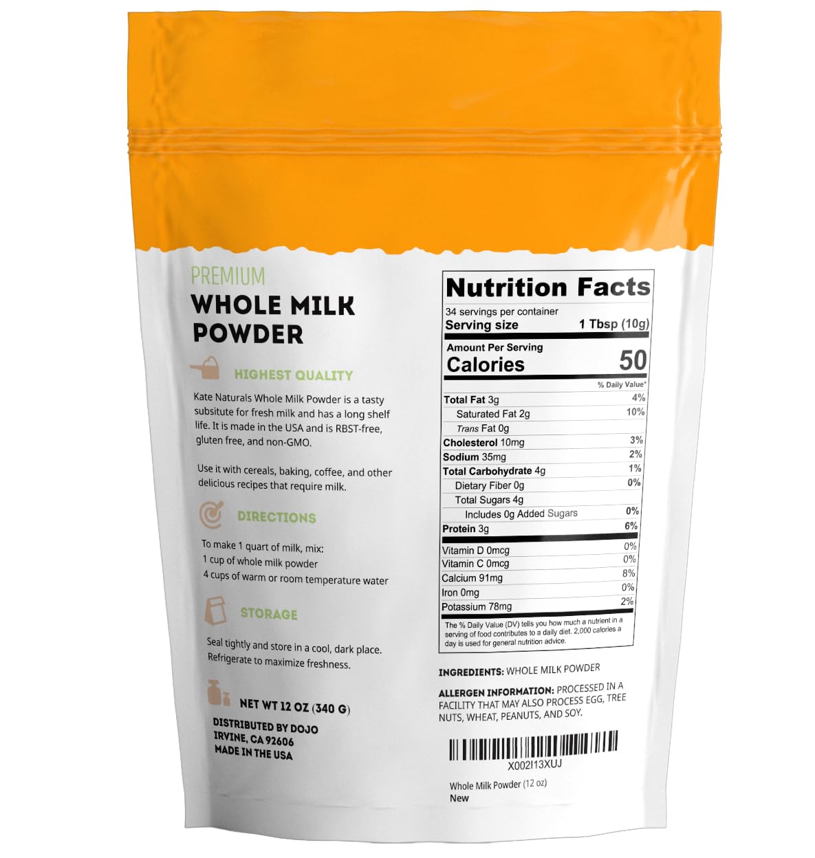 Kate Naturals Dry Whole Milk Powder - 12oz