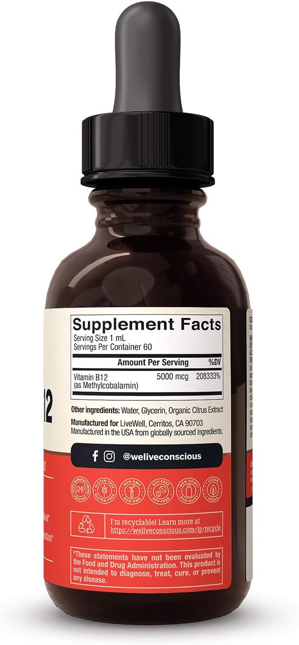 Vegan Vitamin B12 Sublingual Liquid Drops by Live Conscious - 60 ml