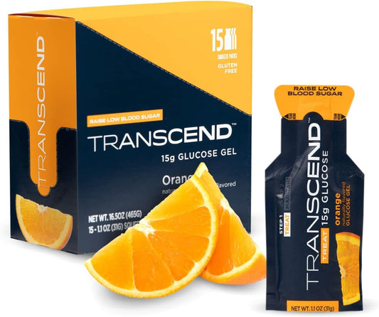 Transcend Glucose Gel Packs - Orange, 15 Pack (1.1oz Each) - FSA/HSA Eligible - Glucose Gel Packs for Diabetics, Blood Sugar Support Alternative to Glucose Tablets - Precise 15g Dose, Made in USA