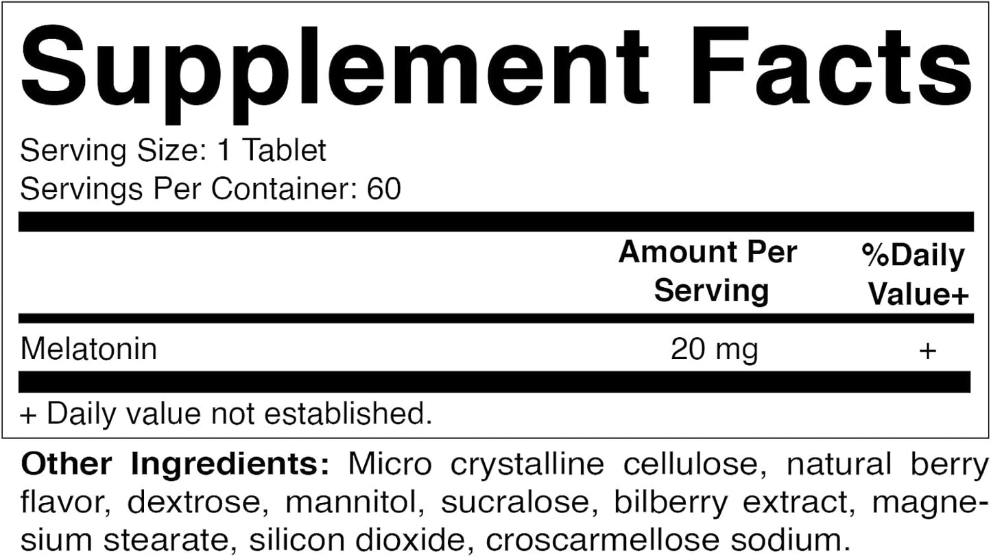 Vitamatic Melatonin 20 mg Tablets 60 Fast Dissolve Tablets Natural Berry Flavor