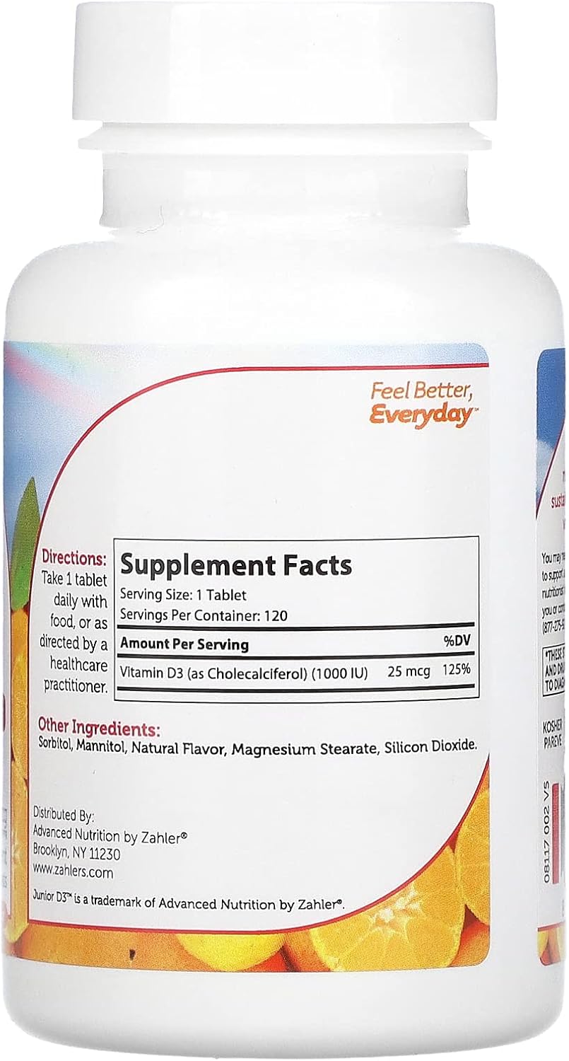 Zahler Junior D3 Vitamins 1000 IU - Chewable Vitamin -  120 Count.