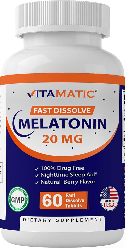 Vitamatic Melatonin 20 mg Tablets 60 Fast Dissolve Tablets Natural Berry Flavor