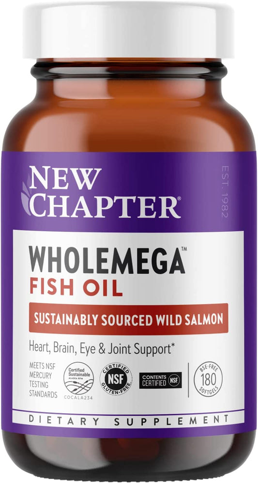 New Chapter Fish Oil Supplement - Wholemega Wild Alaskan Salmon Oil with Omega-3 + Vitamin D3 + Astaxanthin + Sustainably Caught - 180 Count