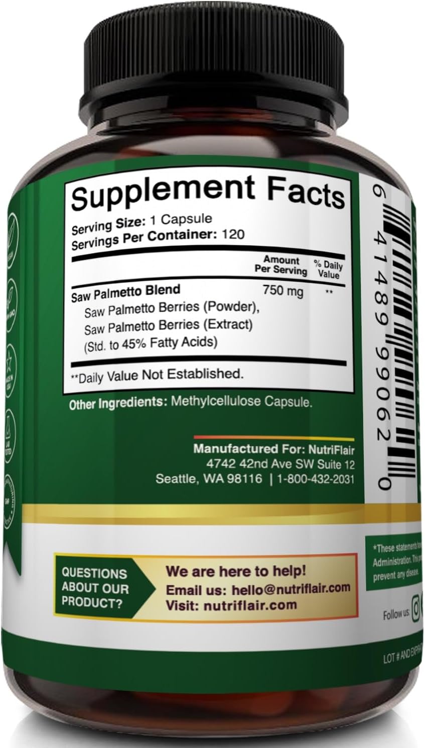 NutriFlair Saw Palmetto Extract 750mg, 120 Capsules