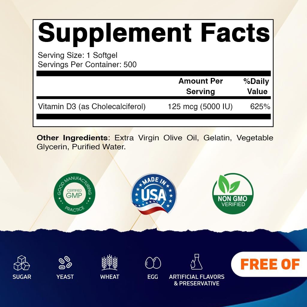 Vitamatic Vitamin D3 5000 IU (125 mcg) – 500 Mini Softgels