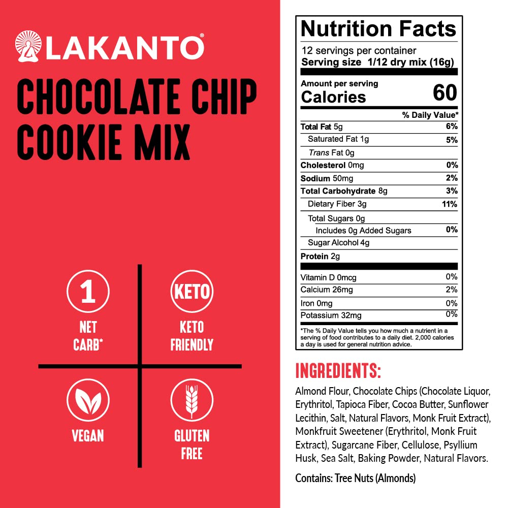 Lakanto Sugar Free Chocolate Chip Cookie Mix -Almond Flour, Sea Salt (12 Cookies)