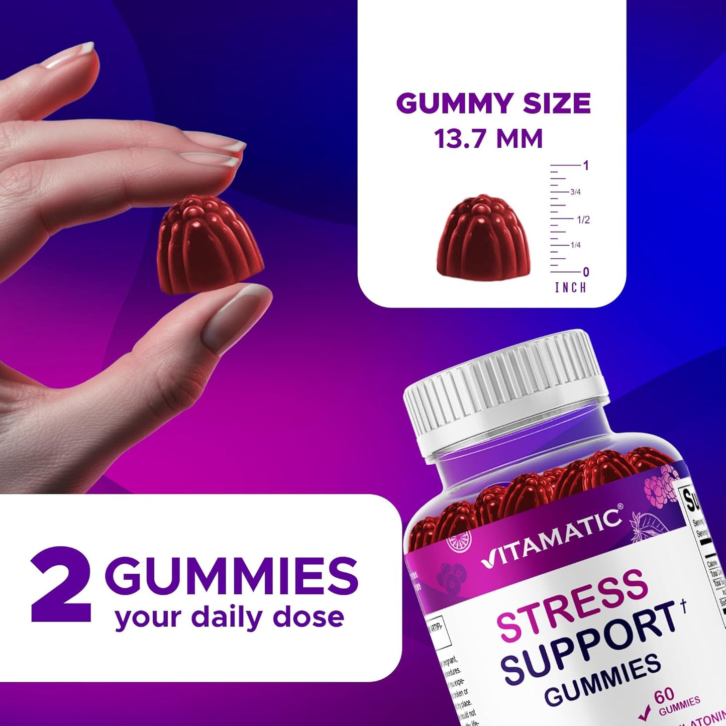 Vitamatic Stress Relief Gummies– Lemon & Mixed Berry Flavor – 60 Gummies