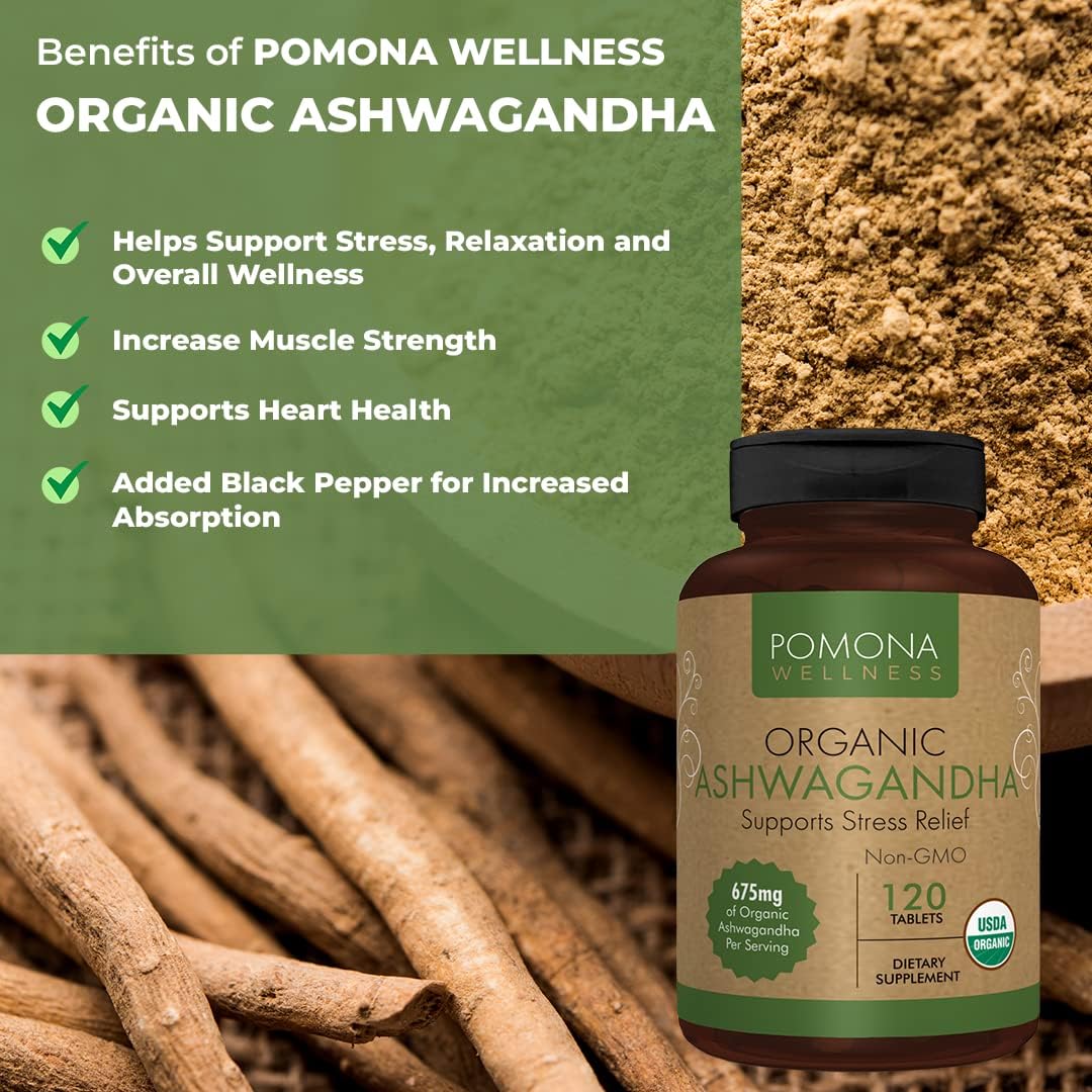 Pomona Wellness Organic Ashwagandha Supplement for Stress Support,120 tablets