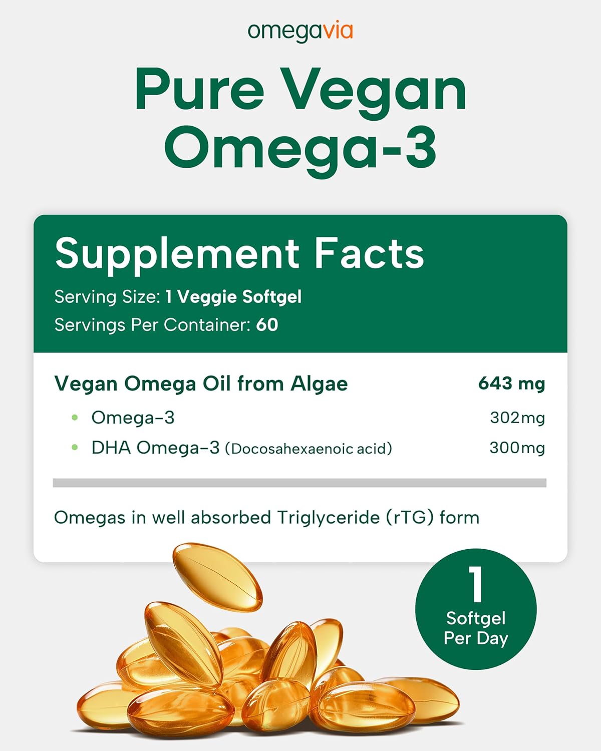 OmegaVia Vegan Omega 3 Supplement - 60 Softgels