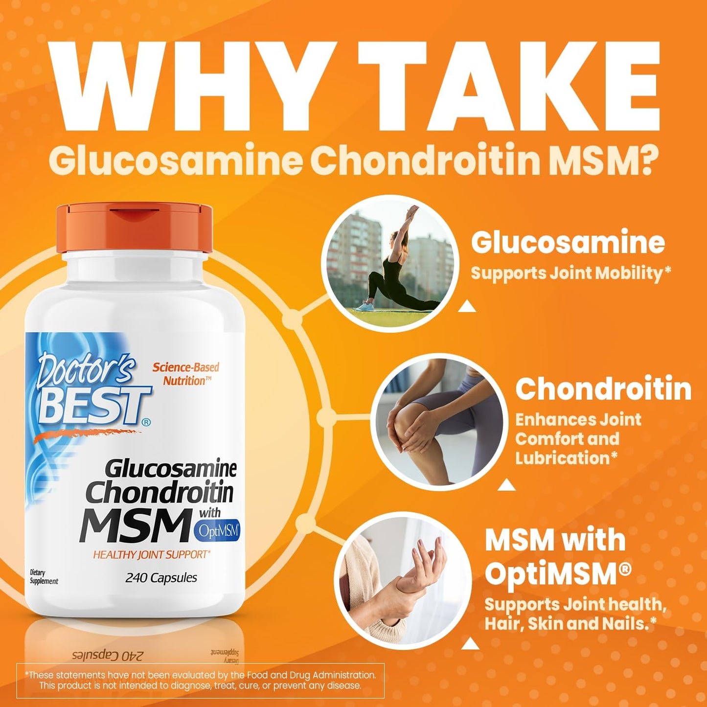 Doctor's Best Glucosamine Chondroitin Msm with OptiMSM Capsules, Supports Healthy Joint Structure,  240 Count