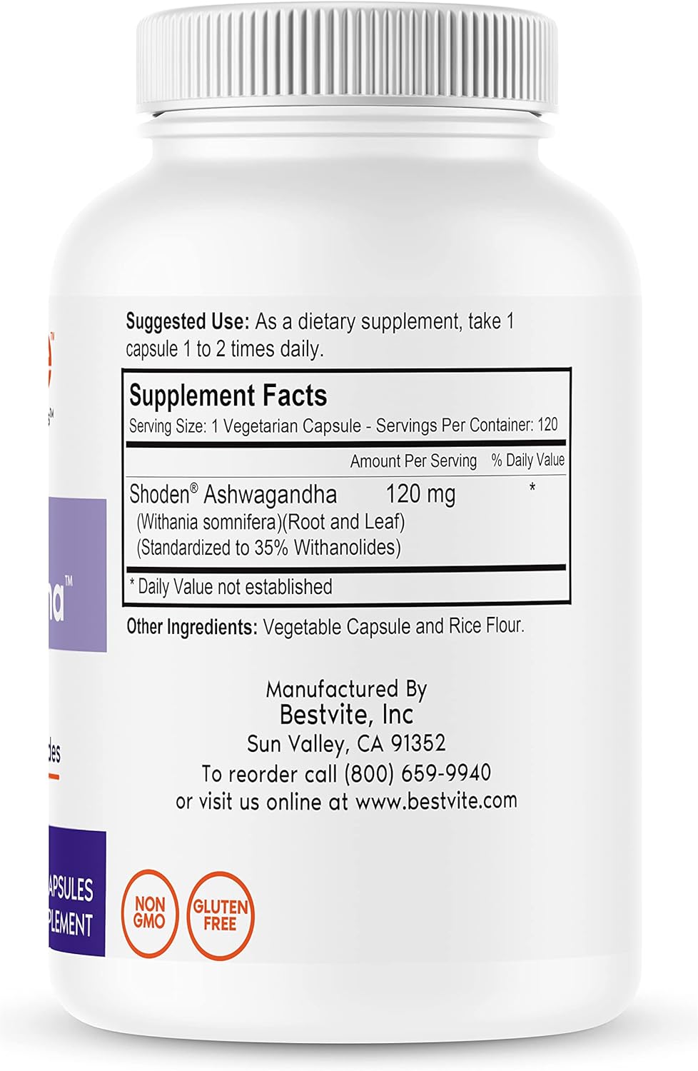 BESTVITE Advanced Ashwagandha 120mg w/Shoden (120 Vegetarian Capsules)