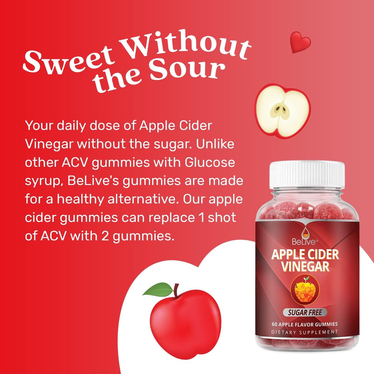 BeLive Apple Cider Vinegar Gummies - AVC Without Sugar  60 Count