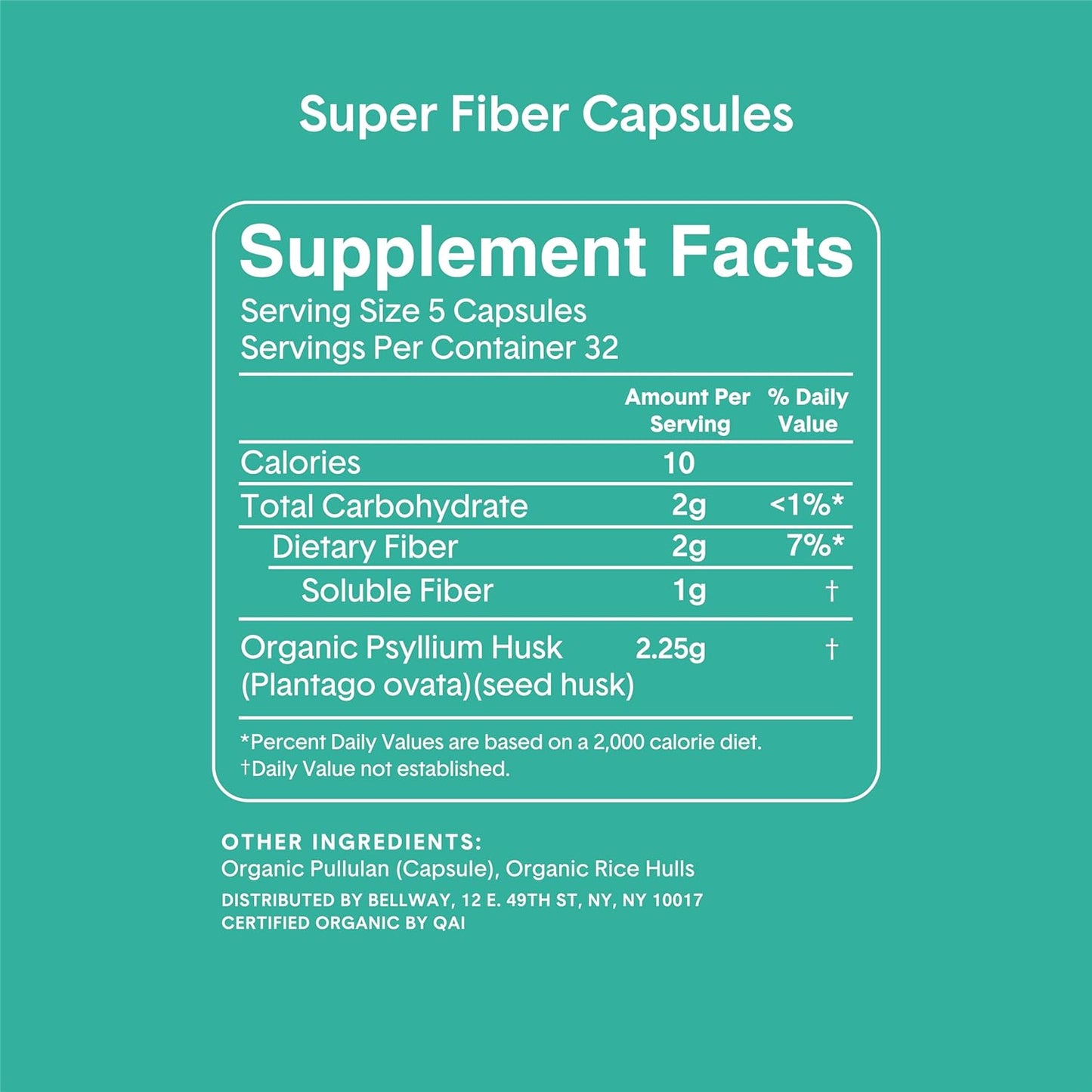 Bellway Super Fiber Capsules - USDA Organic Psyllium Husk  160 Capsules