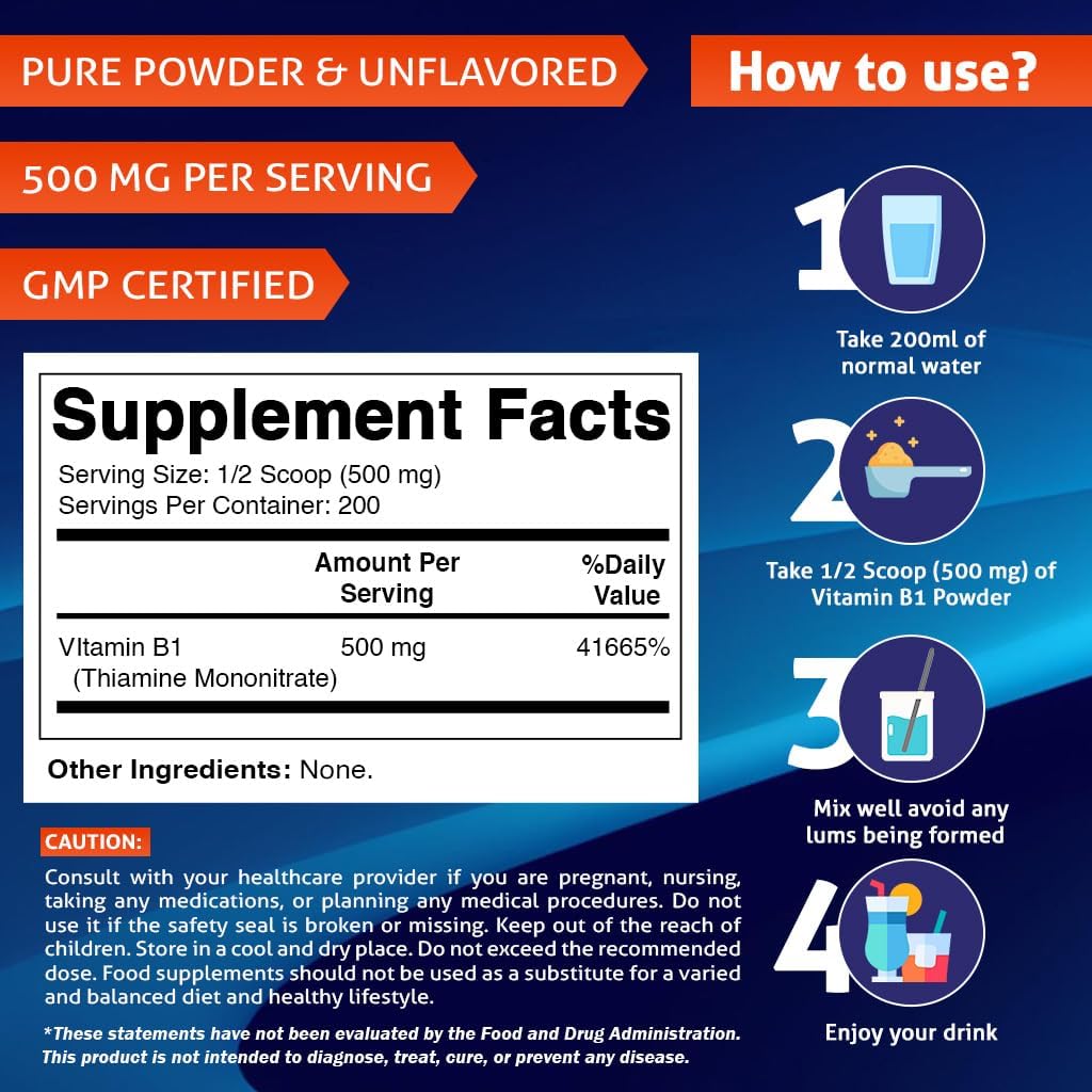 Vitamatic Vitamin B1 Pure Powder - 100 Grams (Thiamine Mononitrate)