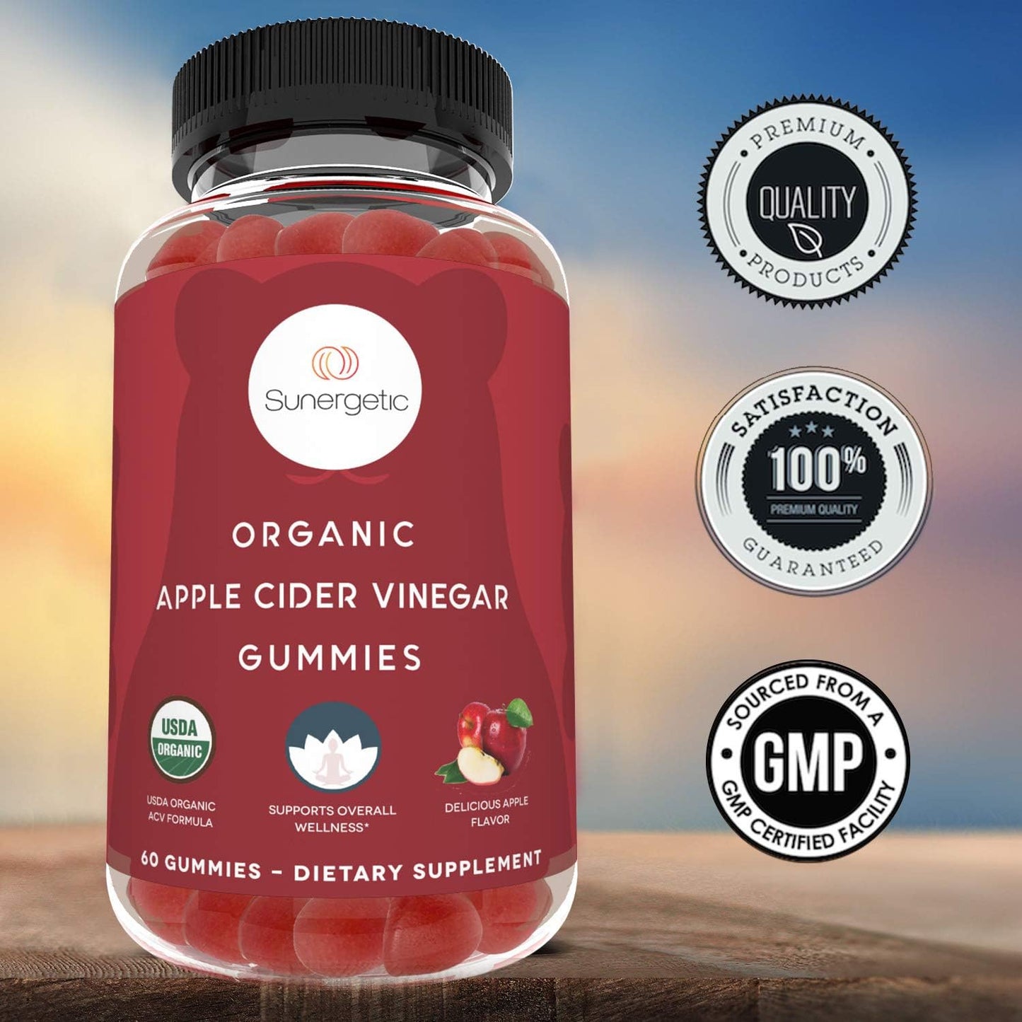 Sunergetic USDA Organic Apple Cider Vinegar Gummies with The Mother -60 gummies