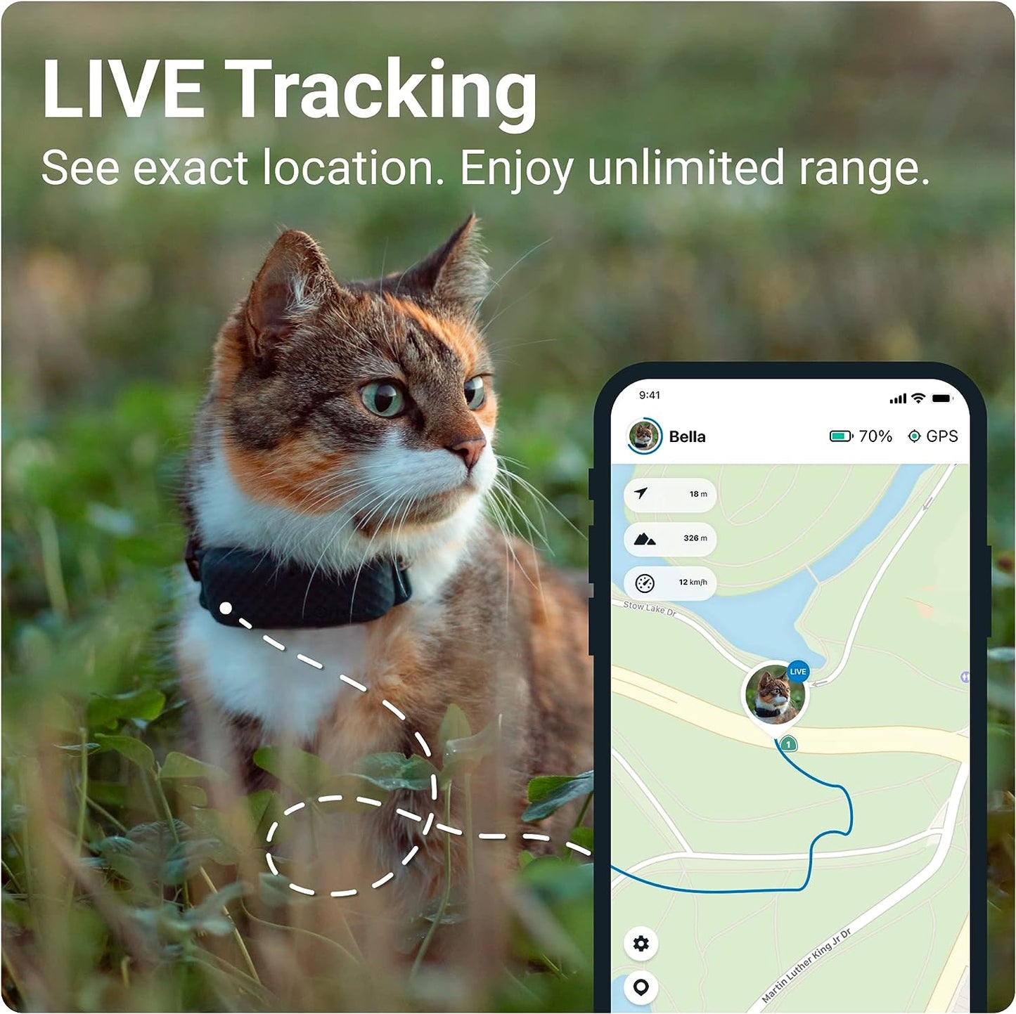 Tractive GPS Cat Tracker (9 lbs+) - Waterproof, GPS Location & Smart Activity Unlimited Range