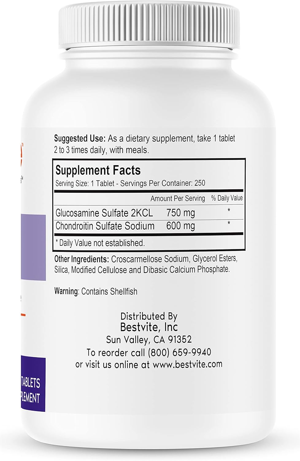 BESTVITE Glucosamine & Chondroitin Sulfate 750/600 Triple Strength (250 Tablets)