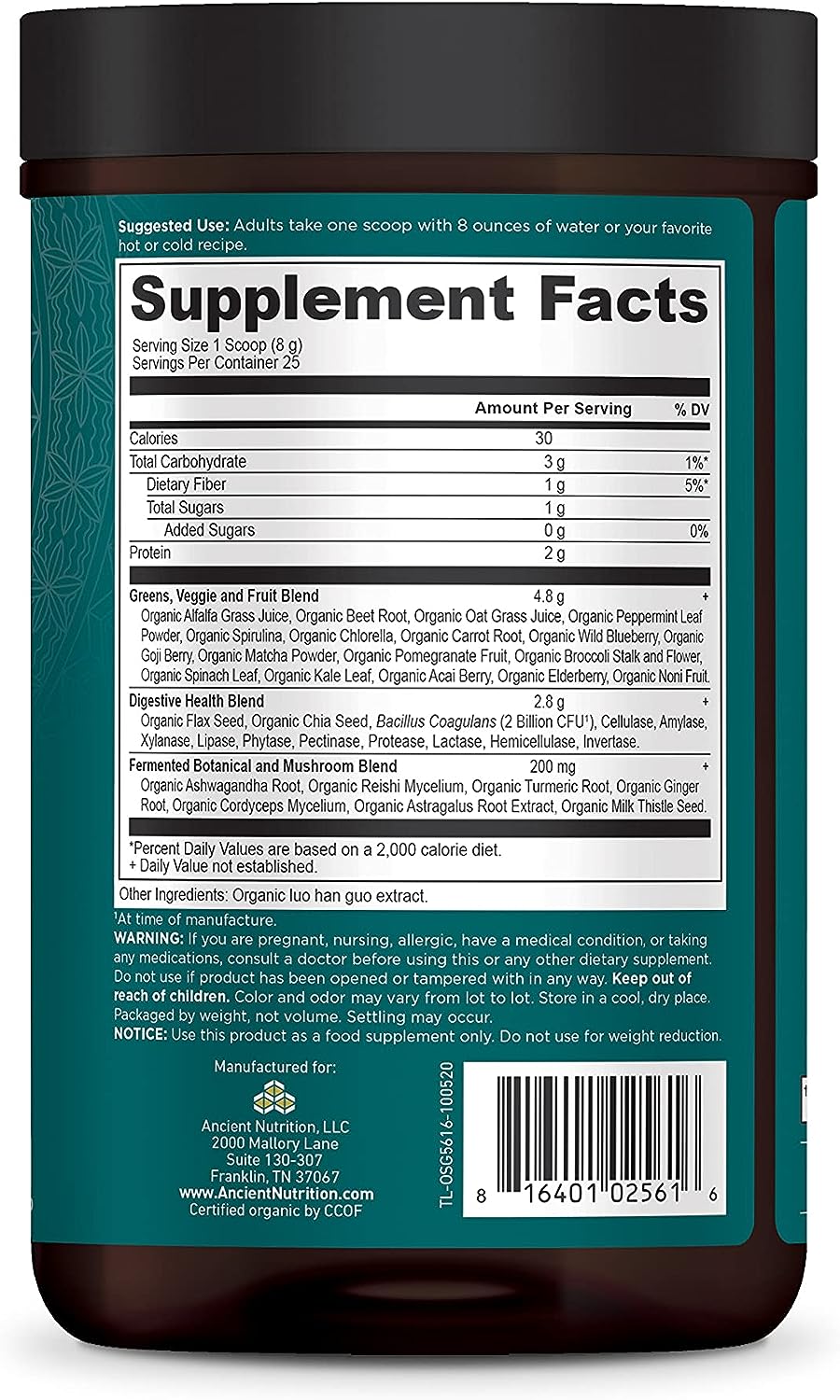 Ancient Nutrition Super Greens Powder, Organic Superfood Powder with Probiotics