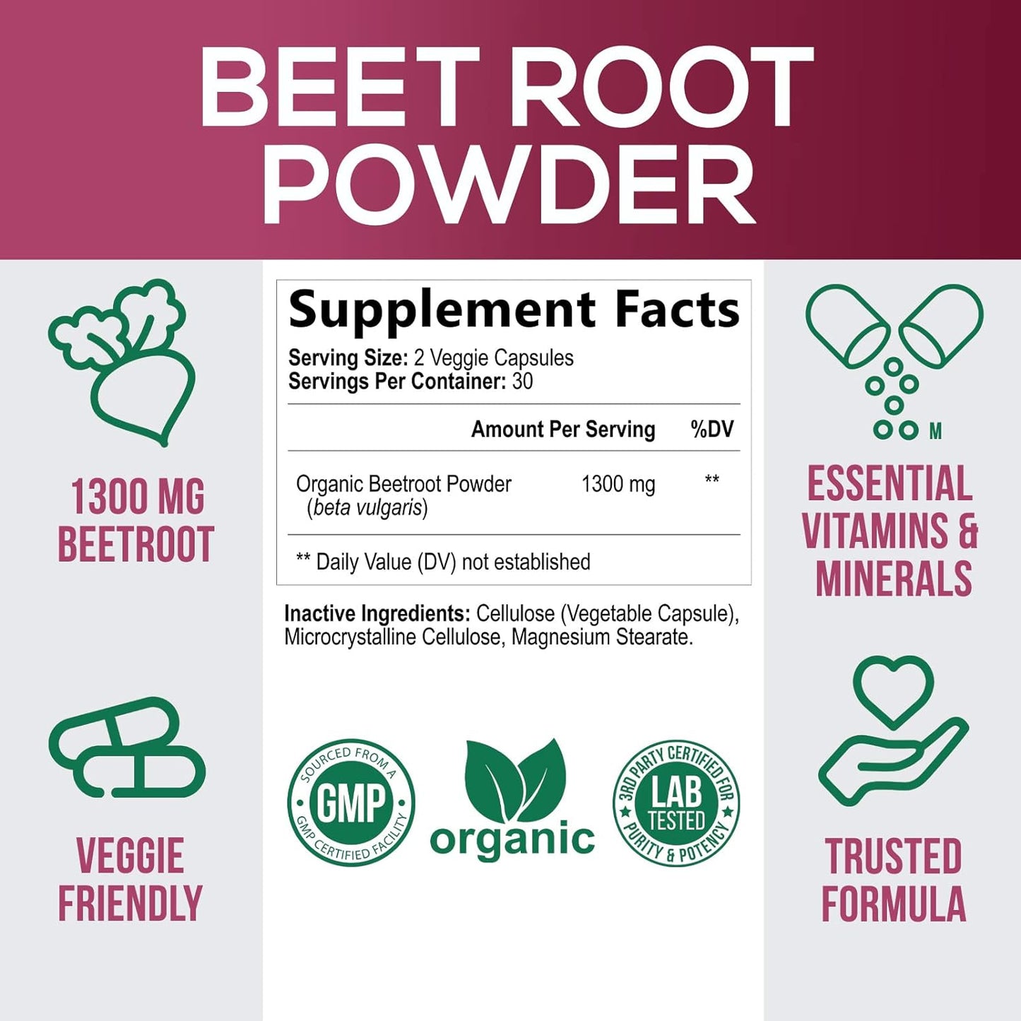 Beet Root Capsules - 1300mg Extra Strength,60 count
