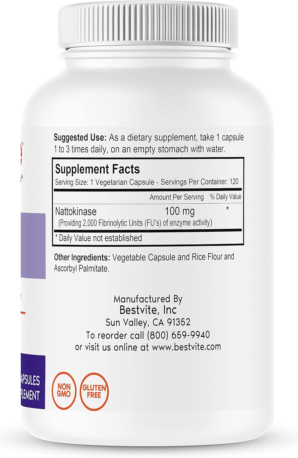 BESTVITE Nattokinase 100mg (2000 FU) (120 Vegetarian Capsules)