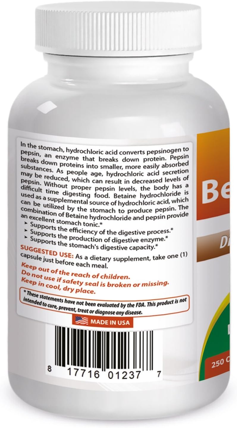 Best Naturals Betaine HCL 648 mg 250 Capsules