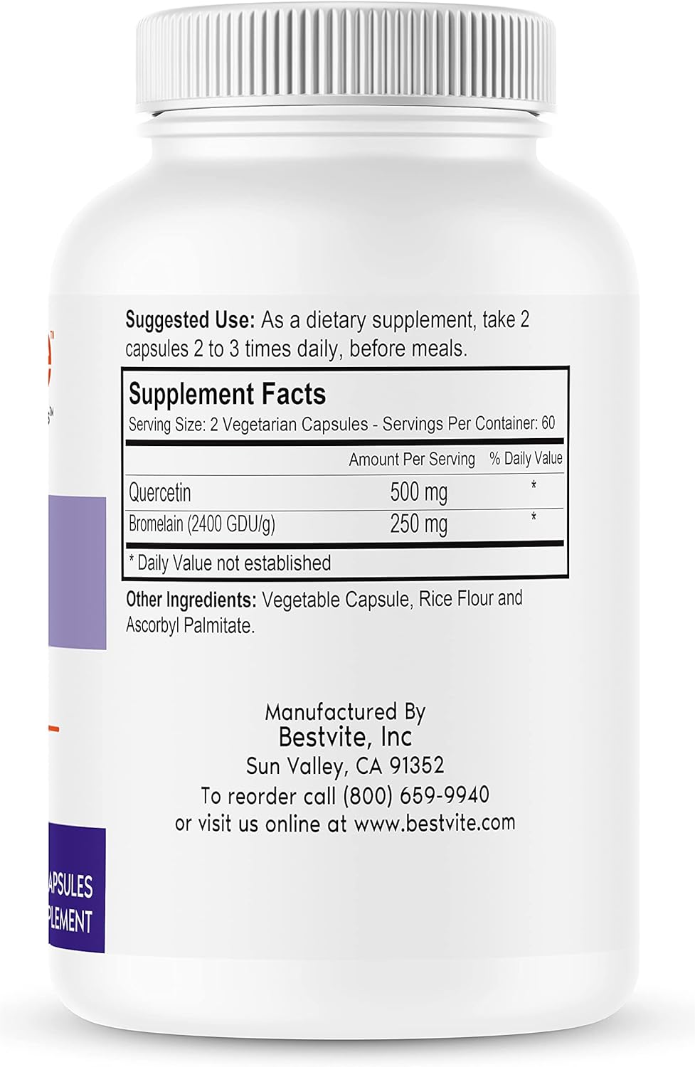 BESTVITE Quercetin with Bromelain 500mg/250mg (120 Vegetarian Capsules)