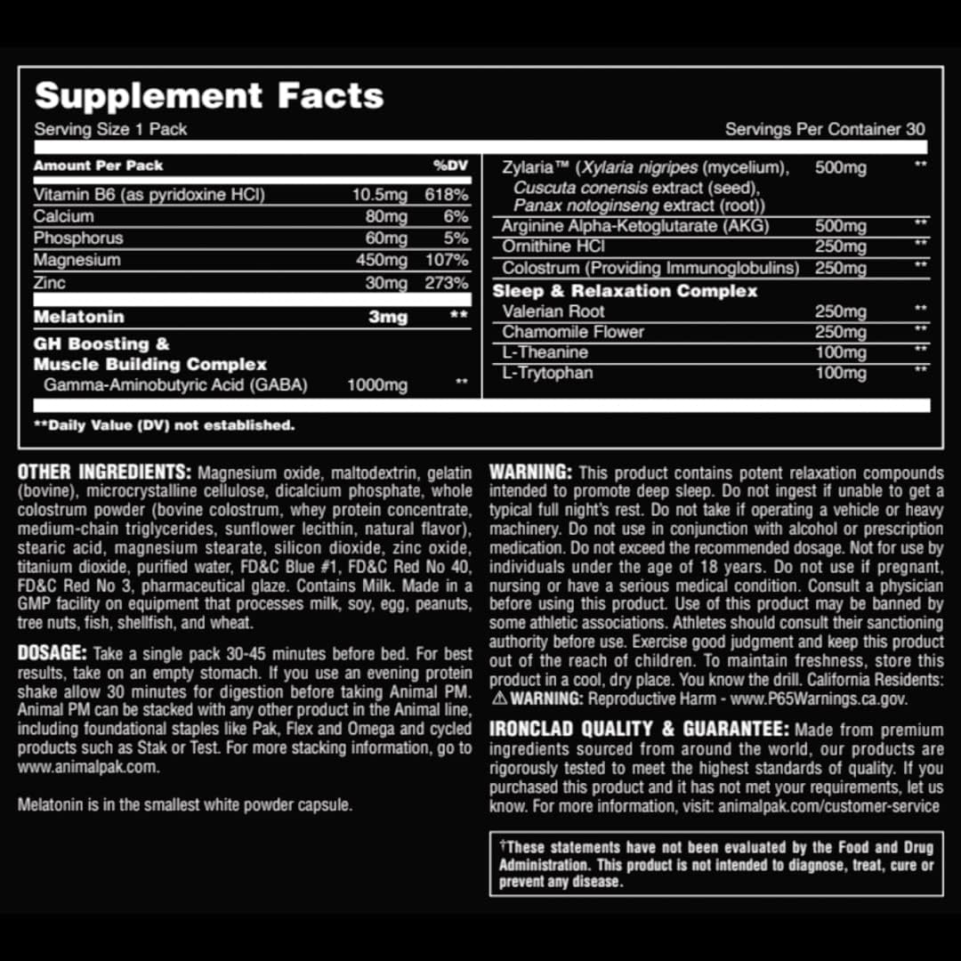 Animal PM - Zinc, Magnesium, Vitamin B6 - GBA + AKG - Immune , Sleep and Relaxation Complex - Night time Anabolic Recovery Stack - 30 Supply