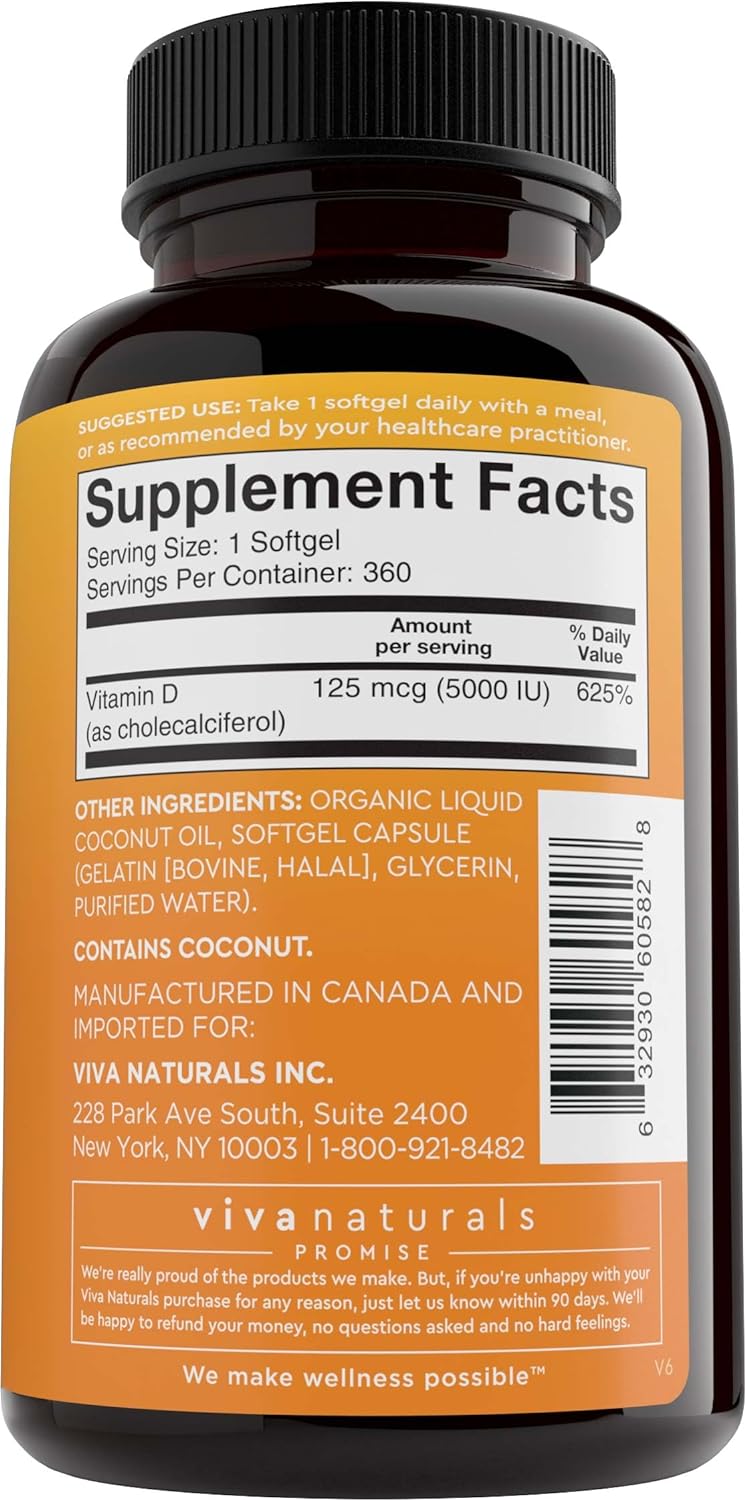 D3 Vitamin 5000 IU Softgels (125 mcg), 360 Softgels - High Potency Vitamin D Supplements